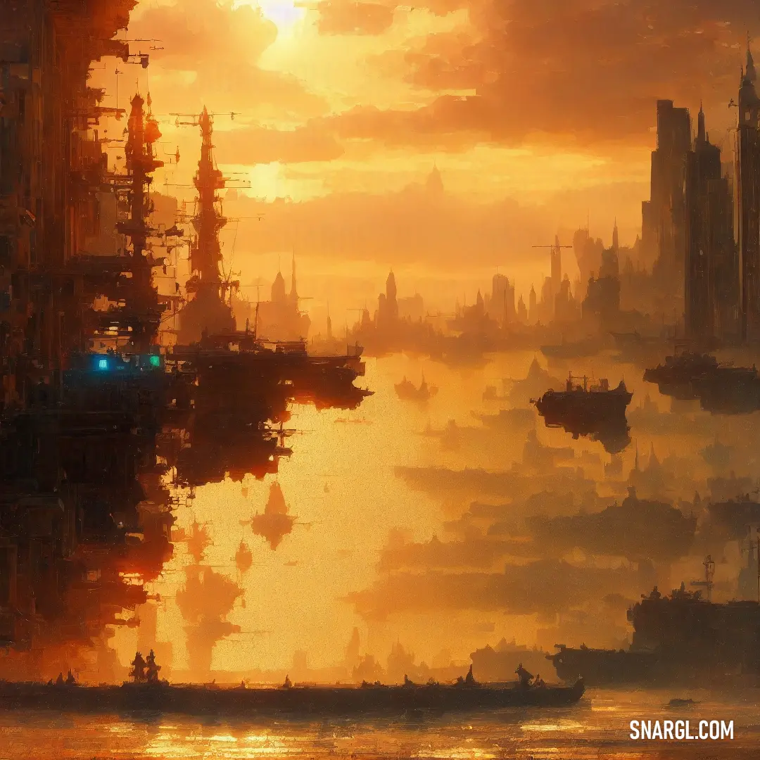Painting of a city with ships in the water and a sunset in the background with clouds