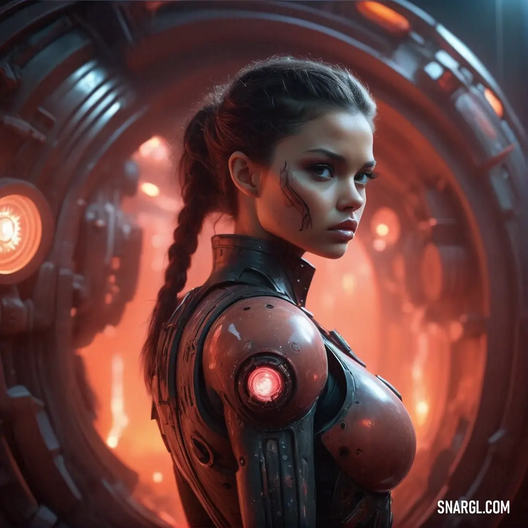 Woman in a futuristic suit with a red light on her chest and a sci - fi. Color Terra cotta.