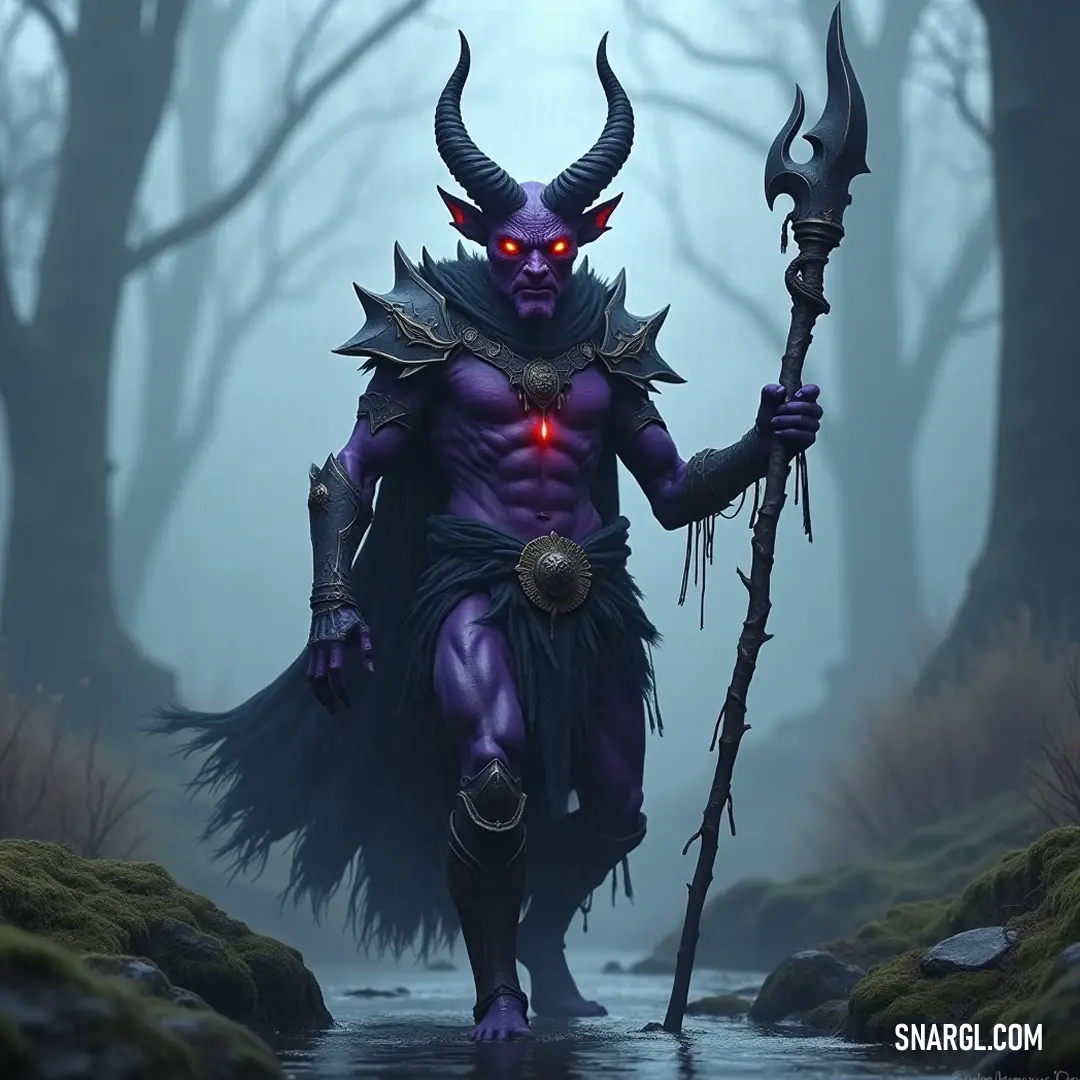 Thadeus Fiendblood amidst misty woods, holding a staff, a guardian of ancient mysteries. Thadeus Fiendblood, draped in mist and mystery, holds a staff aloft in a foggy forest. His horned visage contrasts sharply against the trees, embodying a magical presence that seems to pulsate with energy, ready to unleash power in defense of his realm.