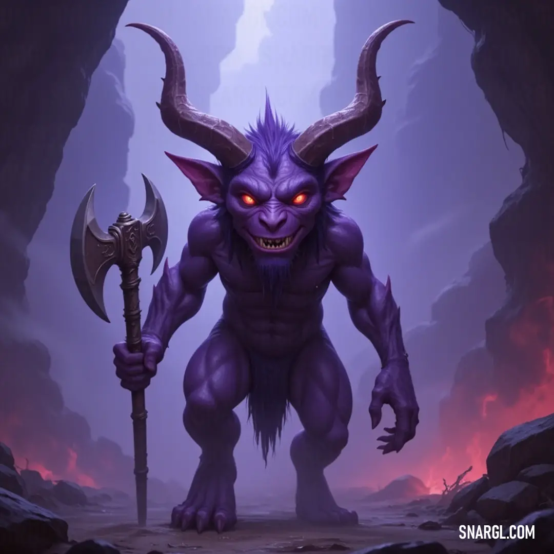 Demonic Thadeus Fiendblood wielding a large axe, a figure of intimidation and power. Demonic Thadeus Fiendblood looms large, his horned head and massive axe commanding respect. This powerful figure strides through the darkness, embodying might and intimidation, as shadows dance around him in the moonlight that casts an eerie glow.