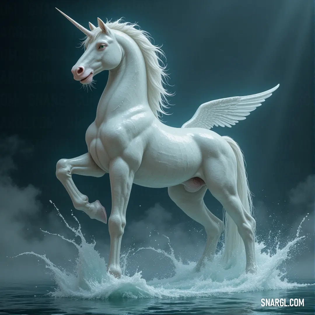 White Thalassa, wings spread wide, gracefully standing on the water’s surface, a symbol of harmony and power. A majestic White Thalassa stands on the surface of the water, its wings spread wide and its body poised in perfect balance, as if dancing above the waves.