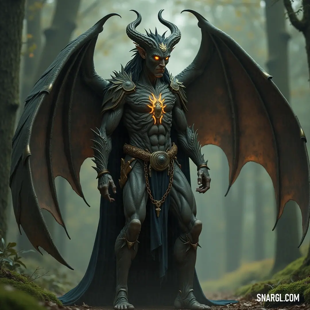 A male demonic figure in a forest with an eyeball in his mouth and wings. In a captivating forest shrouded in mystery, a male entity with a striking gaze holds a luminescent eyeball in his mouth, while wings unfurl majestically behind him. Shadows blend with faint lights to create a sense of foreboding.