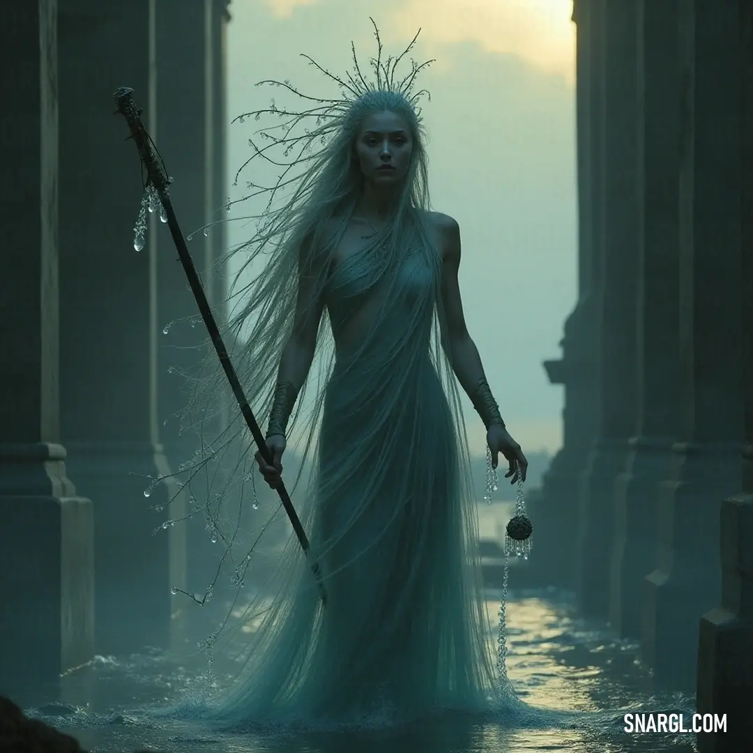 A serene figure in flowing attire stands in calm waters, holding a staff, illuminated by the sun's gentle rays. A serene figure stands poised in tranquil waters, her flowing dress and long hair billowing gently. She grips a mystical staff, a radiant sun casting a warm glow over her ethereal presence. Nature harmonizes with her as she connects with the element aroun