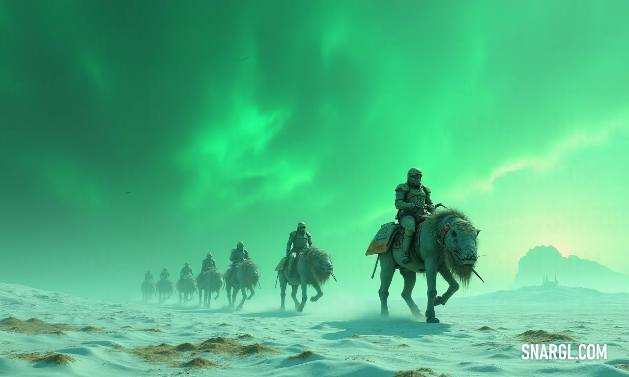A group of riders crosses a snowy field beneath a dramatic green sky with swirling clouds. A group of adventurous individuals rides their horses across a vast, snow-laden field, with the sky painted in ominous greens and clouds swirling above. The scene captures a poignant moment of freedom and unity in a serene yet eerie winter landscape.