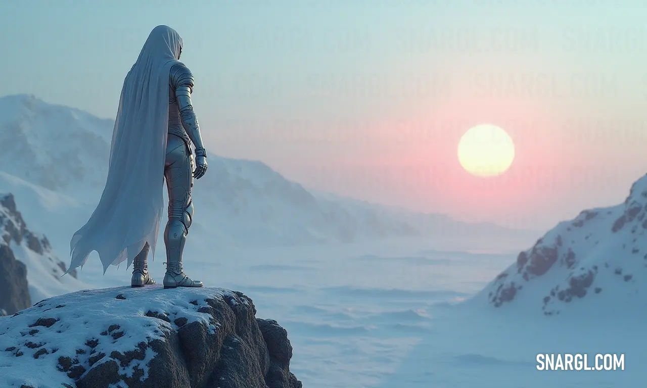 Thalassa stands atop a mountain, cape billowing in the wind under the rising sun's glow. Majestic and powerful, Thalassa stands atop a mountain, cloaked in a flowing cape, with the sun rising magnificently in the background. The scene radiates a sense of triumph and determination, embodying strength against the dawn.