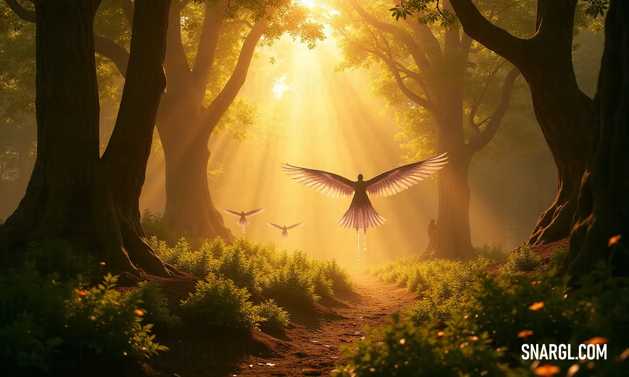 Two birds glide over a sunlit forest, where golden rays illuminate the rich greenery and textured foliage below. Two graceful birds soar serenely over a lush forest, where warm sunbeams pierce through the dense canopy, casting enchanting light on the vibrant trees below.