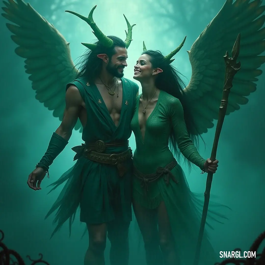 A whimsical encounter between two winged friends, celebrating their bond in a delightful atmosphere. A whimsical scene featuring two individuals adorned with magnificent wings, exuding a sense of joy and companionship as they stand closely, sharing an enchanting moment together.