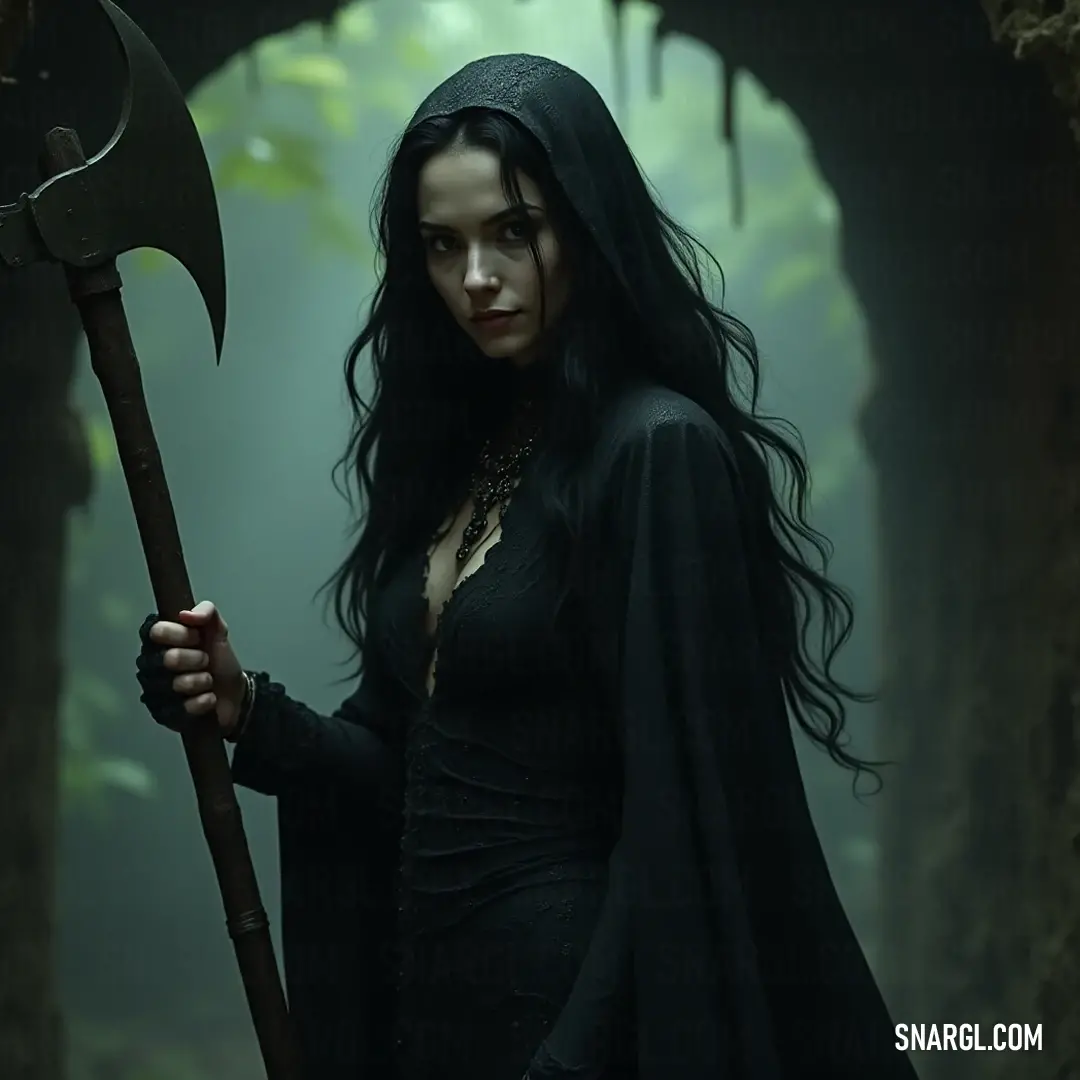 Fierce Warrior with Axe in Enchanted Forest In a lush forest, a fierce warrior dressed in black grips a large axe, her dark cloak billowing in the breeze, framed by a grand stone archway, suggesting a portal to a world of adventure and mystery.