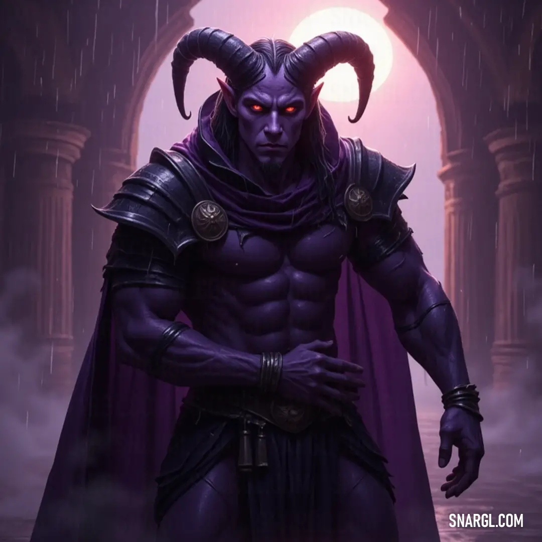 A mysterious figure clad in a majestic horned costume stands heroically before an ancient doorway, illuminated by the ethereal glow of a full moon, while a flowing purple cloak billows around him, hinting at an untold story waiting to unfold.