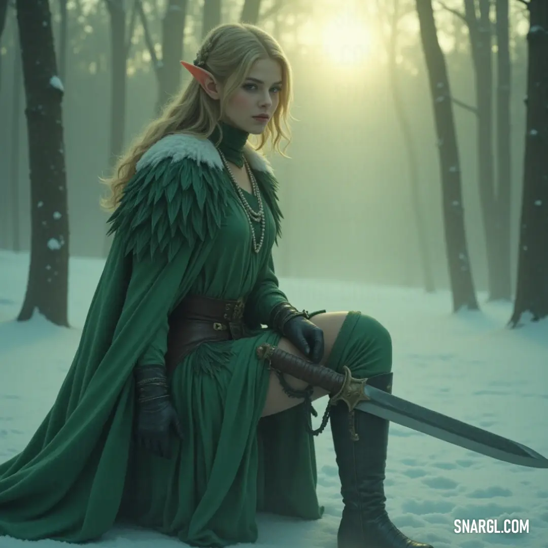 In a serene snowy landscape, a warrior in a flowing green dress stands bold with a sword raised high, her fierce determination contrasting against the quiet elegance of the snowflakes falling around her, like silent witnesses to her bravery and unwavering