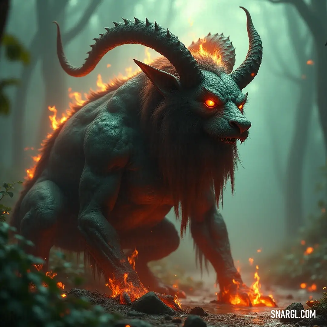 Thamuz dashes through a fiery forest, glowing eyes blazing with determination as flames roar around him, creating an intense contrast between his dark form and the vivid blaze.