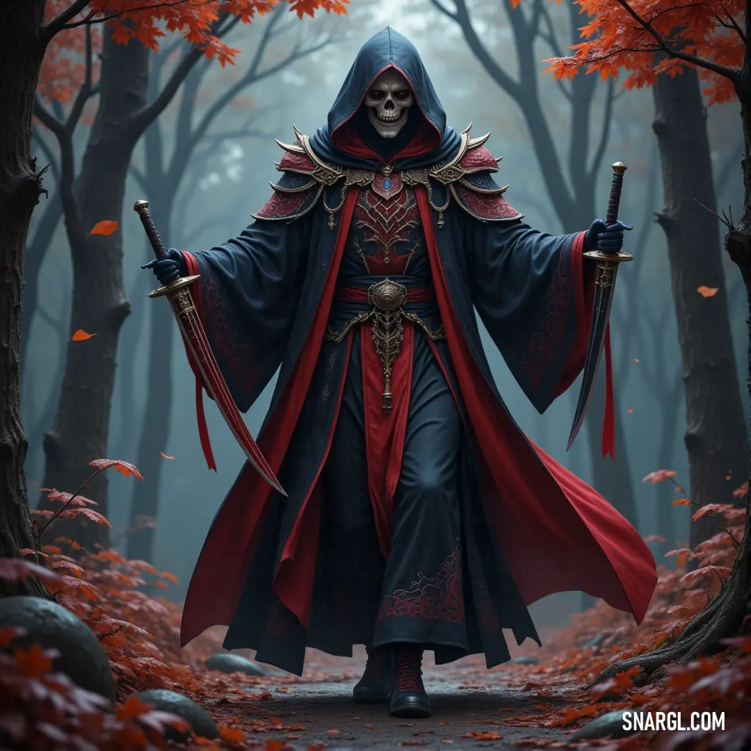 A shadowy warrior, garbed in a hooded outfit, holds two swords at the ready in a forest where vibrant red leaves cover the ground. The scene feels alive with mystery and a quiet, deadly energy as the figure surveys the surroundings.