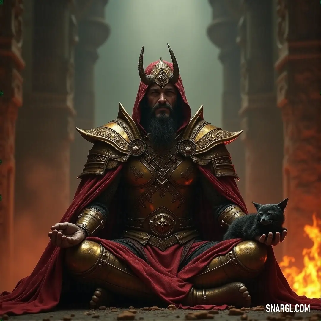 Thane, in his red cape, kneels on the floor cradling a cat, a rare moment of tenderness that contrasts with his battle-ready attire. Thane, draped in a red cape, kneels on the ground, cradling a small cat in his hands. The soft, gentle scene contrasts with the intensity of his crimson cloak, creating a moment of calm amidst his warrior spirit.