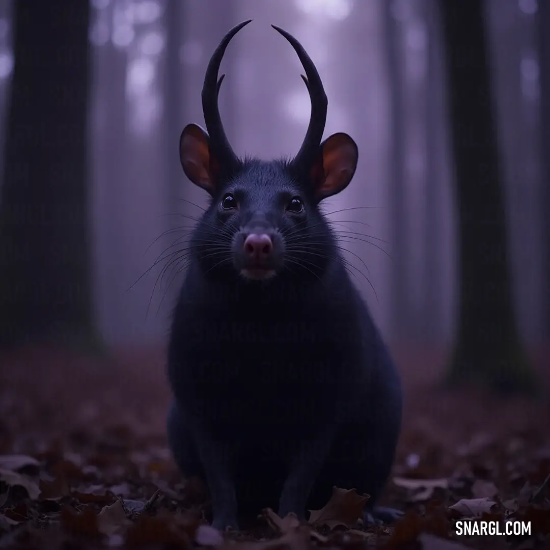 A striking figure of Black Thanquol with horns stands resolutely in a fog-laden forest. Leaves carpet the forest floor, adding texture, while the surrounding mist envelops the mysterious creature, evoking an aura of both elegance and intrigue in the wilde