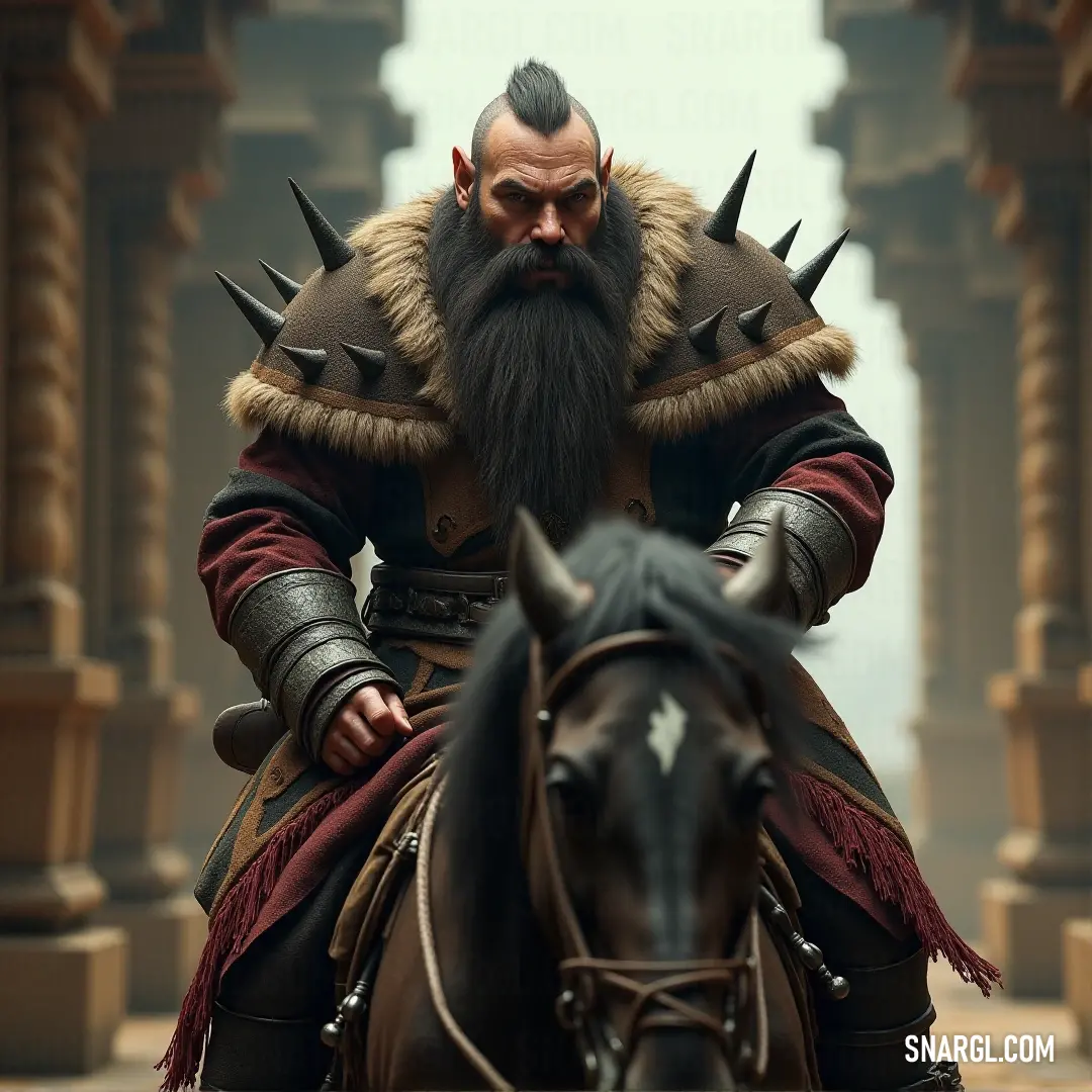 Thargrum Forgehelm, clad in full armor and sporting a thick beard, confidently rides a horse through a grand courtyard surrounded by towering pillars, his presence commanding the attention of all.