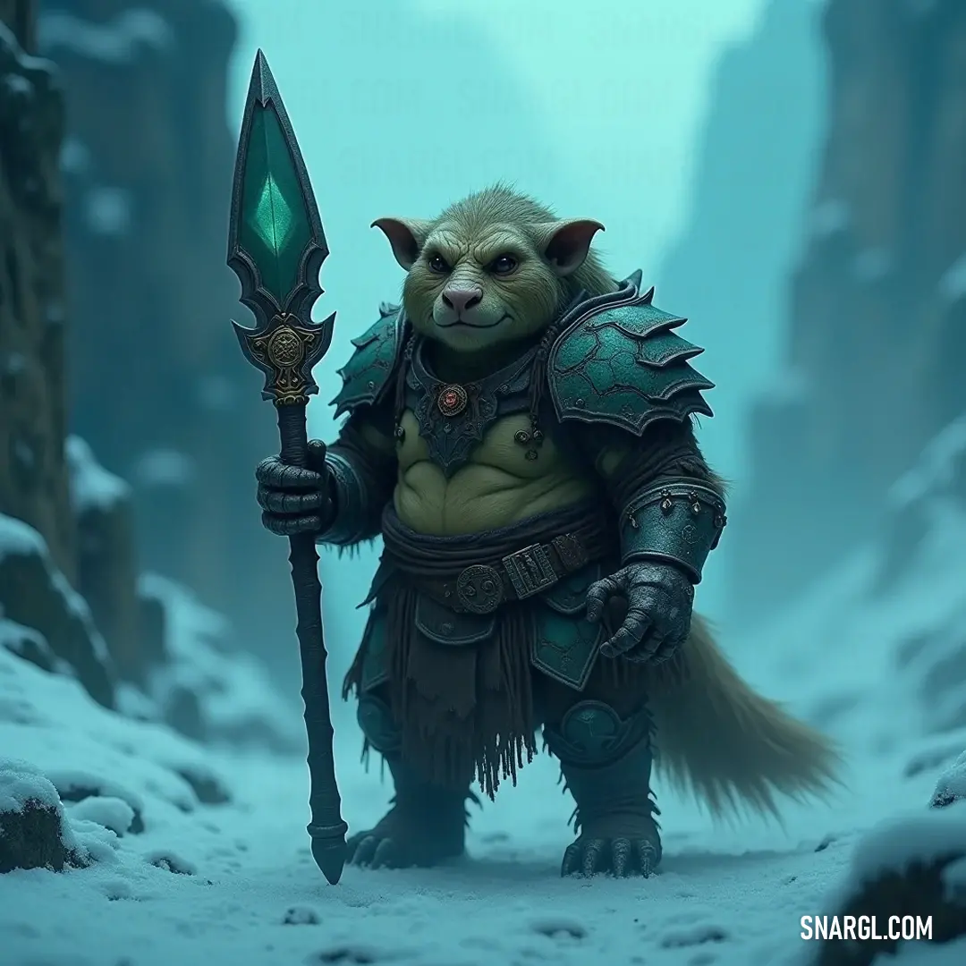A noble Tharn wielding a large spear, standing resolutely in a snowy expanse, underscoring a balance of strength and tranquility in nature's vastness. A powerful Tharn, spear poised, surveys a breathtaking snowy landscape, rugged mountains rising majestically in the distance, representing resilience amidst the serene embrace of nature's wintry beauty.
