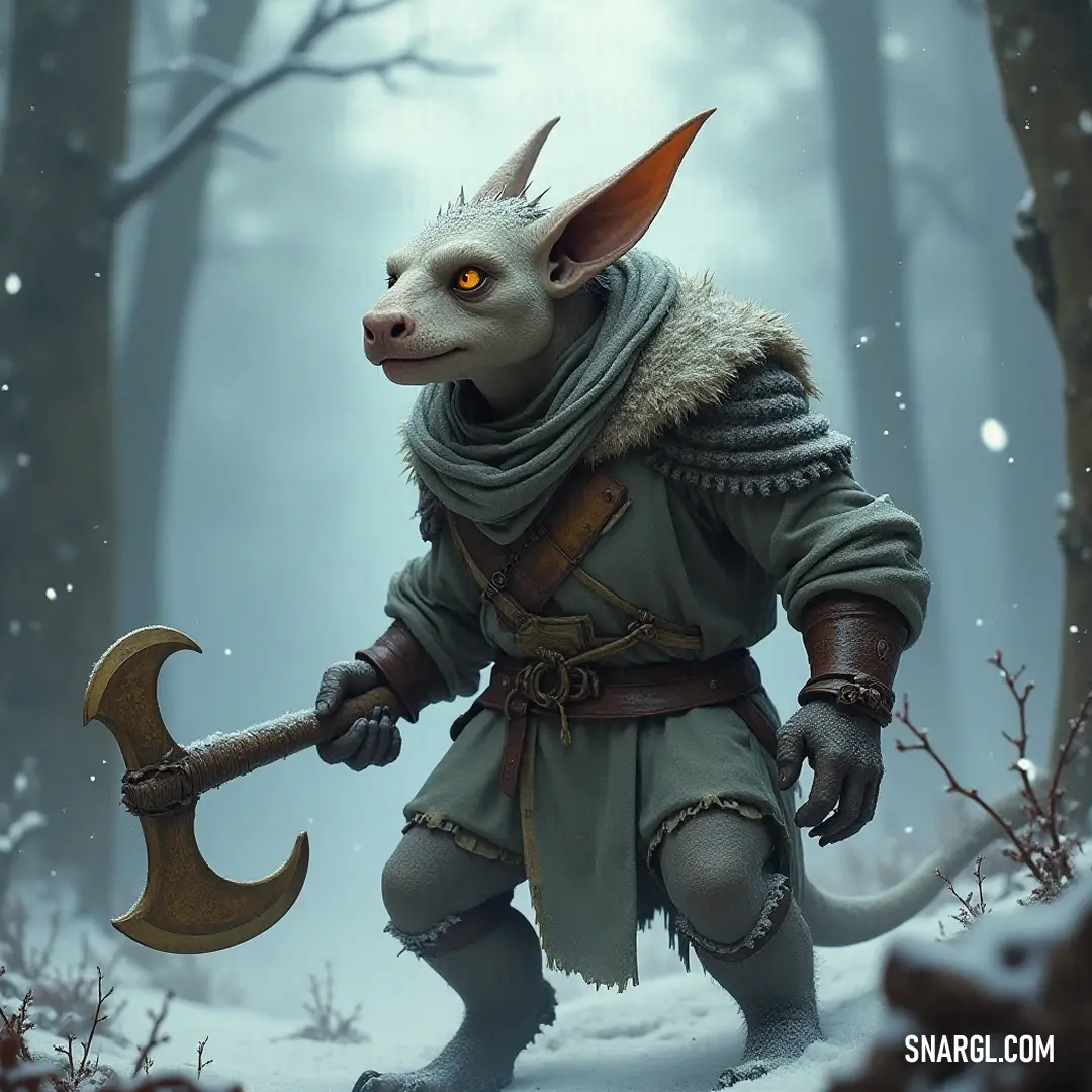 A distinct Tharn brandishing a hefty hammer, its horned head crowned with strength and resolve, stands proudly in a vibrant fantasy landscape, inviting adventure and excitement in every corner.
