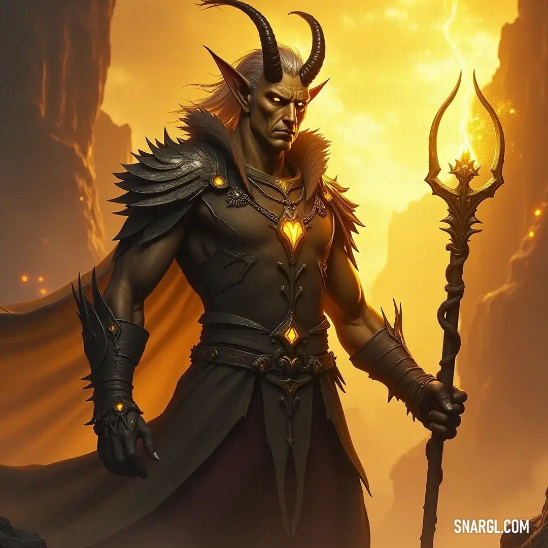 A powerful warrior with majestic horns brandishes an enchanted staff, symbolizing strength and courage against the forces of darkness. A striking warrior with formidable horns commands respect, his staff shimmering with arcane energy while a glowing heart pulsates on his chest. An aura of strength and wisdom radiates from his presence within the mystical realm.