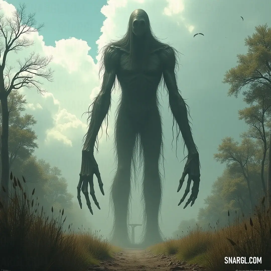 Giant and foreboding, The Abductor looms over a dense forest, draped in an atmosphere of mystery as clouds swirl ominously above. The Abductor, an enormous figure, stands amidst a tangled forest, surrounded by living trees and billowing clouds. The menacing look in his eyes instills a feeling of dread that resonates through the untouched nature around him.