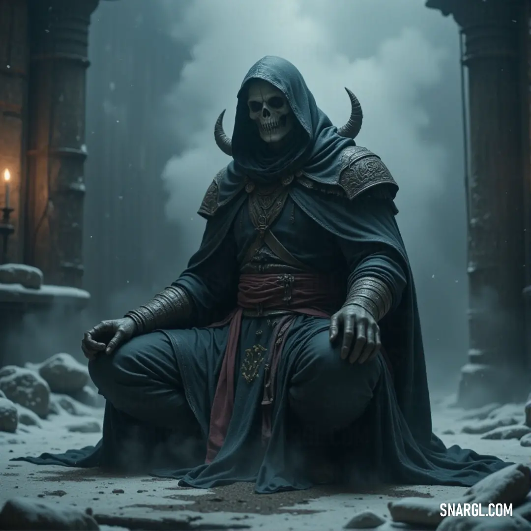 The Abyssal Shade, shrouded in a hooded costume, stands atop a rock in a foggy scene, with the glow of a candle casting shadows in the eerie atmosphere. A shadowy figure in a hooded costume stands on a jagged rock, with a flickering candle in the background, the mist swirling around as the figure gazes into the unknown with silent intensity.