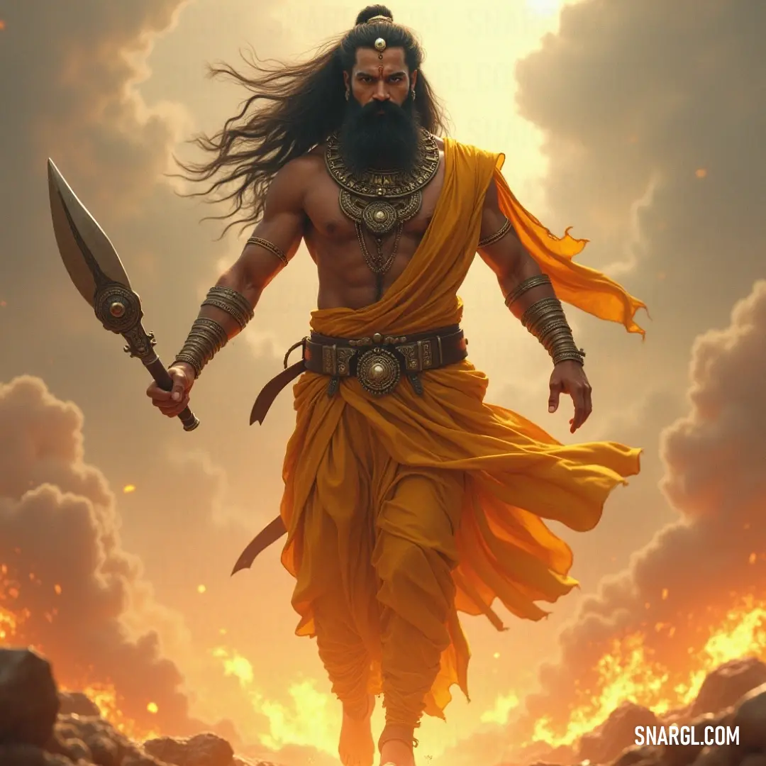 A regal character, adorned in a luminous yellow outfit, walks through a magnificent cloudscape, a sword in hand, exuding an aura of mystique and celestial power. A majestic figure, with a long beard and a sword, strides confidently through an ethereal landscape of fluffy clouds, wrapped in a radiant yellow outfit that glows with a divine light.