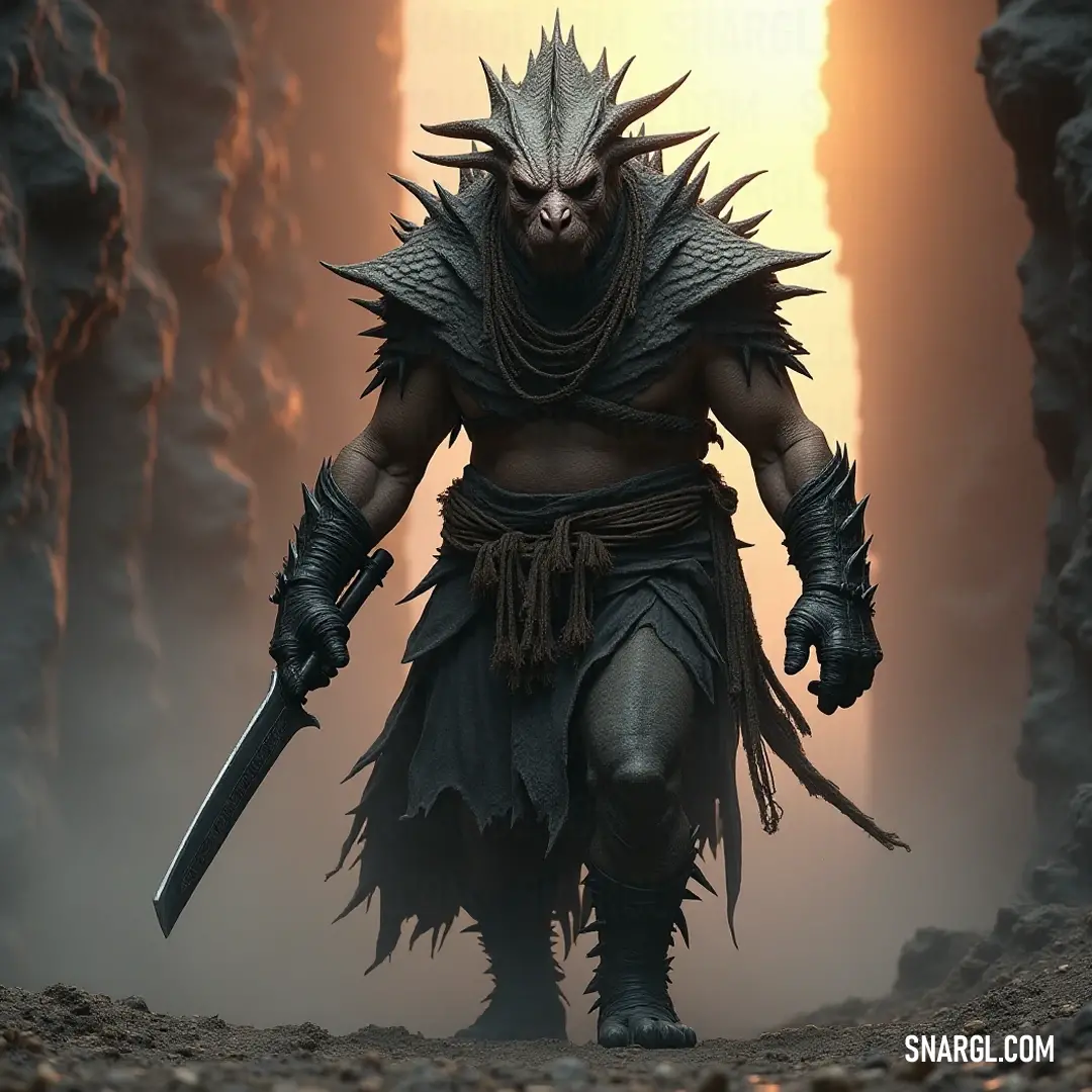 The Ancient One with a sword in a sunlit cave, surrounded by shadows. The Ancient One holds a gleaming sword within the confines of a dimly lit cave. A radiant sun spills its golden light from the cave's entrance, illuminating the enigmatic figure and merging the realms of darkness and light.