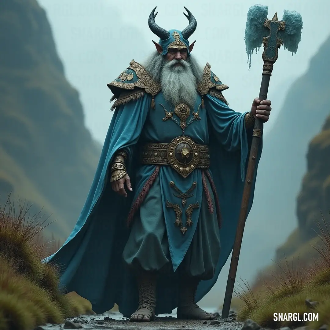 The Ancient One with a horned head wielding a staff in a magical realm. With a horned head and regal beard, The Ancient One stands clad in a flowing blue robe, grasping a staff that signifies wisdom and authority, set against a landscape imbued with a sense of ancient magic and mystique.