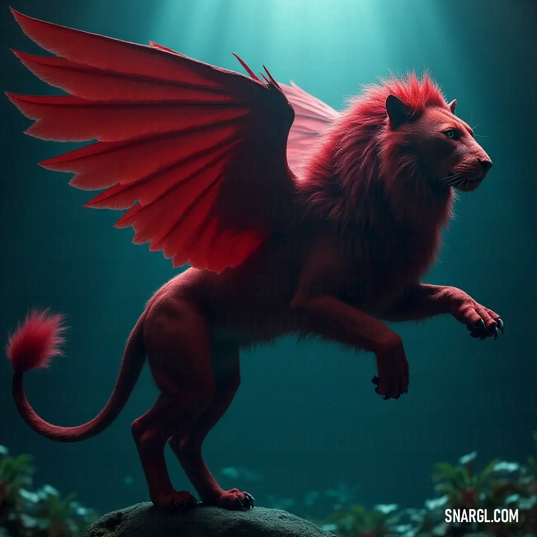 The bold Red Simurgh, wings spread wide, atop a rock in dark waters, bathed in radiant sunlight. A striking crimson Simurgh, its wings outstretched, steadfastly balanced on a rocky outcrop in dark waters, as rays of sunlight pierce through, illuminating its vibrant plumage.