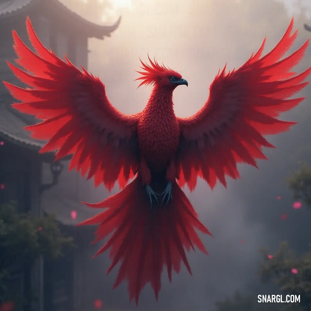 The Red Ashen Phoenix displaying its magnificent wings in front of a building with a pagoda, blending myth and tradition beautifully. With its wings fully unfurled, the Red Ashen Phoenix stands majestically before a traditional building and pagoda, exuding a powerful aura. The scene elegantly blends the mythical with the architectural, creating a perception of timeless beauty and the sp