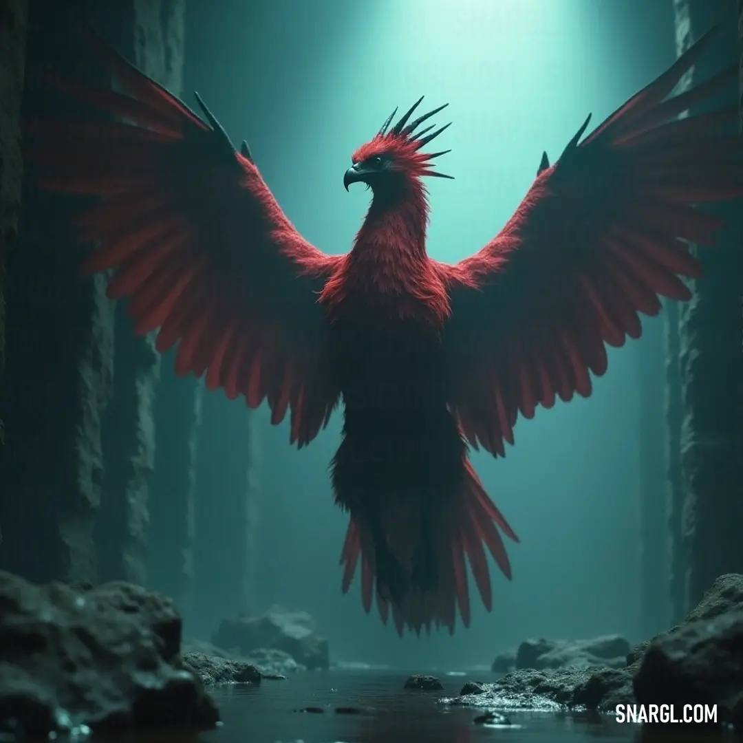 An elegant Red Ashen Phoenix with spread wings elegantly hovering in mid-air. A vibrant Red Ashen Phoenix with its wings fully extended, soaring through the sky, the sunlight glistening off its feathers, showcasing its powerful and ethereal beauty as it dances with the wind.