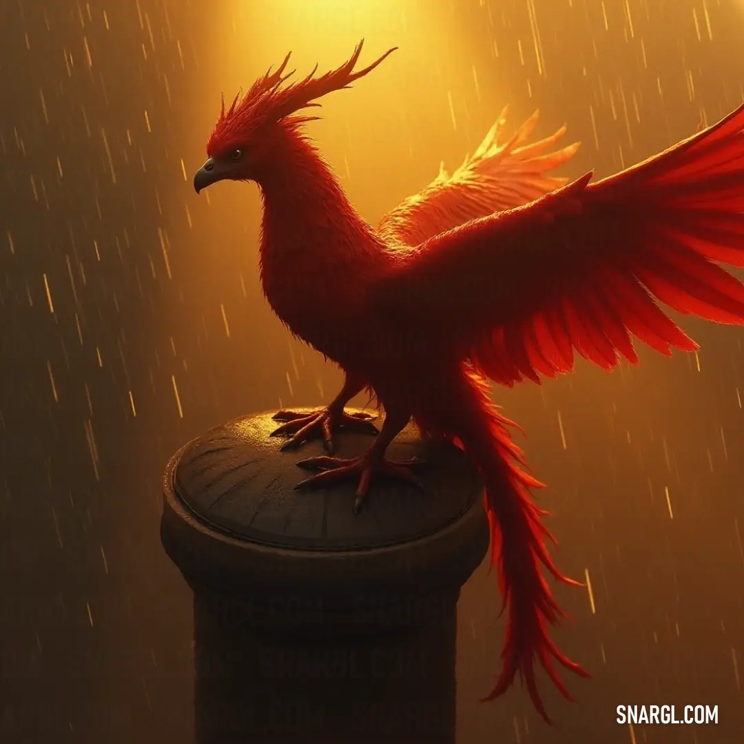 The illustrious Red Ashen Phoenix stands tall on a pole, wings spread wide in a dramatic display against a rain-soaked backdrop, illuminated by a brilliant light that symbolizes rebirth. Under the glowing light of a stormy sky, the vibrant Red Ashen Phoenix gracefully unfurls its wings atop a tall pole, creating a stunning silhouette in the rain, evoking feelings of hope and resilience.