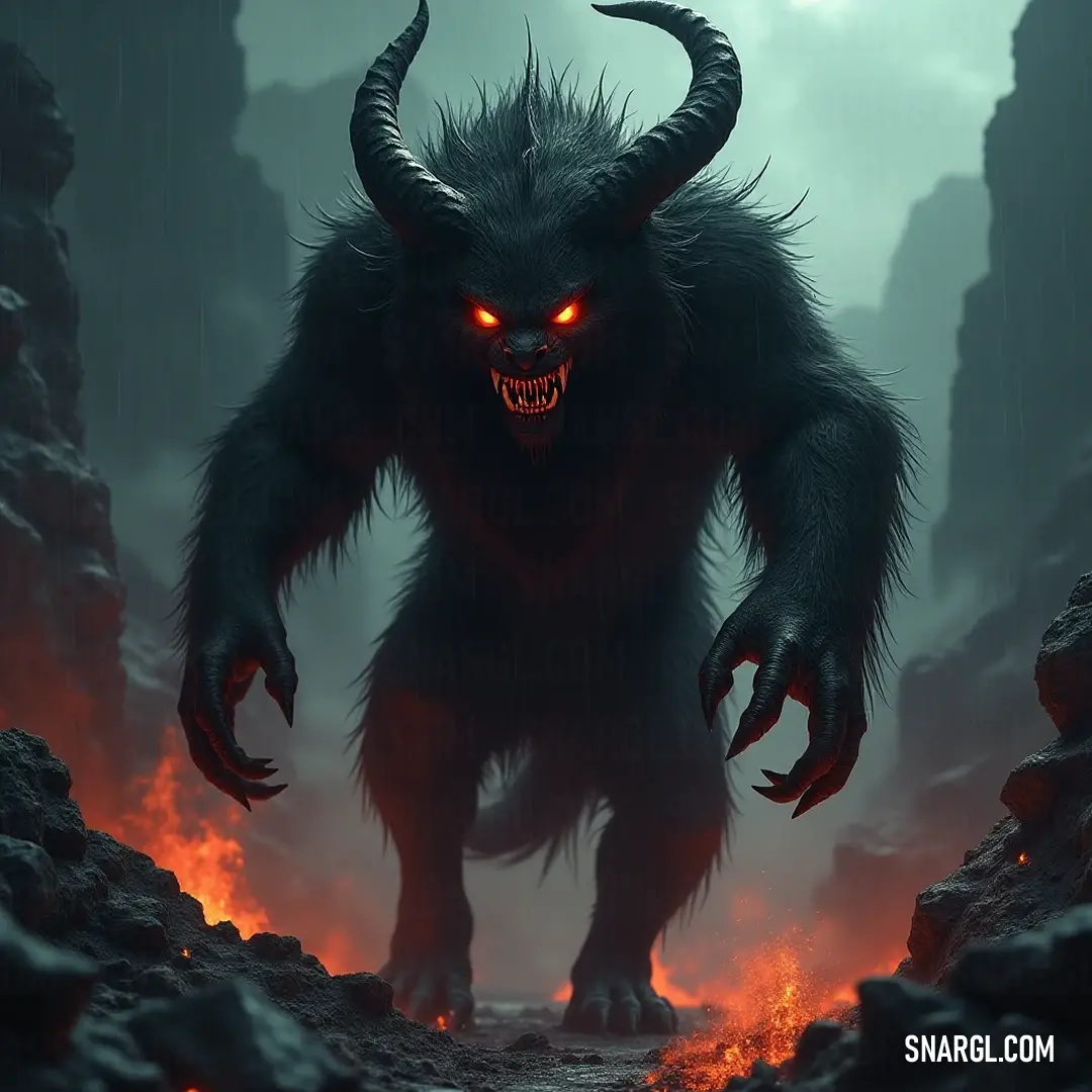 The beast glides through a cavernous realm, its glowing gaze piercing the shadows, while lava flows glimmer ominously in the heart of darkness, revealing its haunting beauty. A fearsome entity with glowing eyes and sharp horns strides confidently through a dark cave, with the ambient light of molten rock illuminating its path and enhancing its sinister appearance.