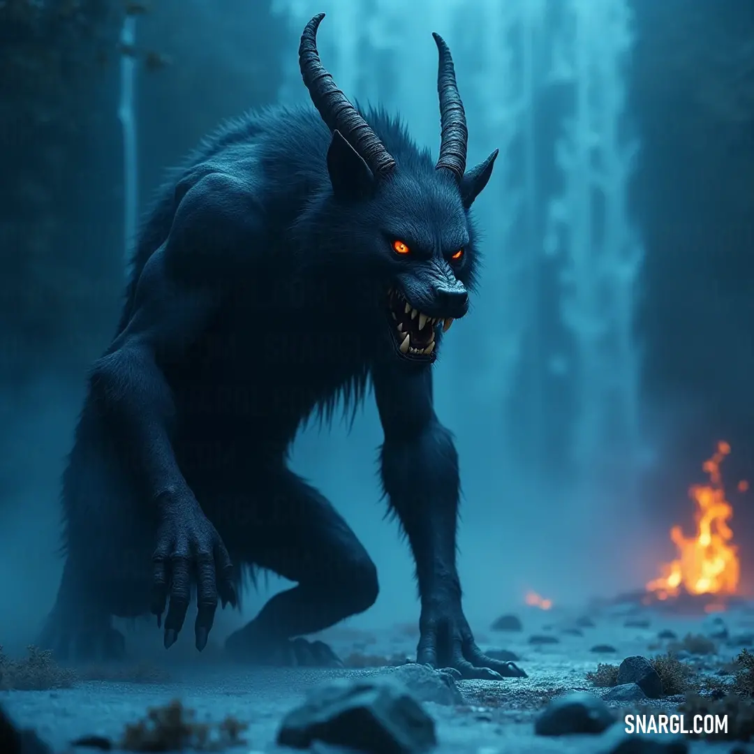Crouching by a flickering fire in a darkened woodland, the beast's glowing eyes pierce the veil of night, blending seamlessly into the haunting ambiance of the mist-covered trees. A sinister creature with glowing eyes and twisted horns remains crouched by a crackling fire, surrounded by a misty forest at night, enhancing its eerie, commanding presence.