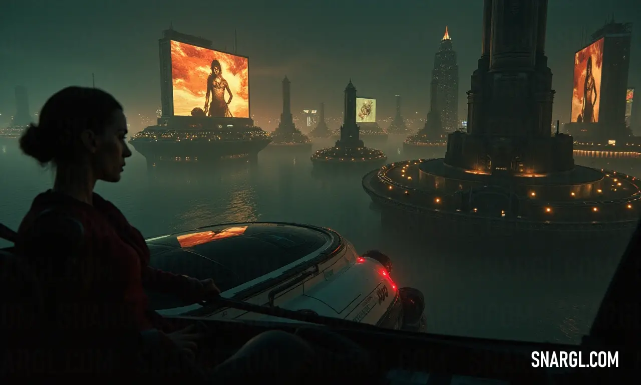 A woman observes a glowing city screen as a car drives by, highlighting the nightlife and vibrancy. A woman gazes at a large, illuminated screen flickering in a bustling city at night, a passing car's headlights casting an ethereal light across the urban landscape, creating a vivid contrast between technology and life.