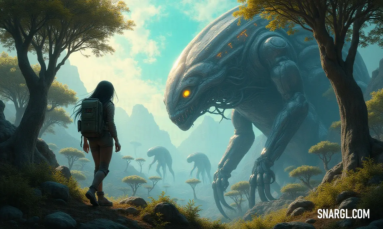 A woman gazes at a giant alien creature in a misty forest, caught in a mesmerizing encounter. In a dense forest, a woman gazes intently at a colossal alien creature perched in the distance, its glowing eye sparkling like a star, encapsulating a moment of adventure and exploration in a world beyond imagination.