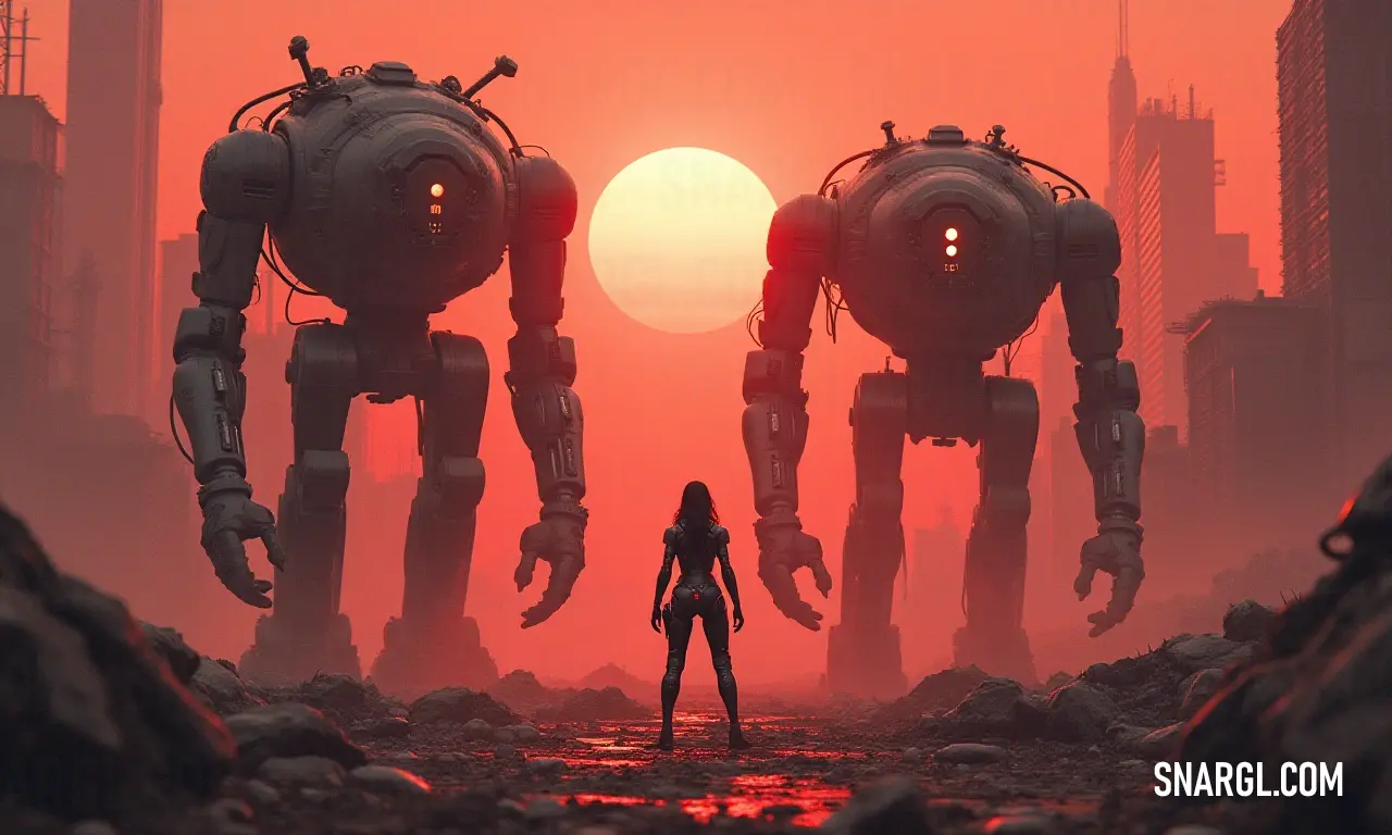 A woman confronts towering robots beneath a breathtaking red sunset in a vibrant cityscape. A woman stands boldly in front of two colossal robots against the backdrop of a fiery red sunset, the city skyline mirroring the epic clash of technology and nature in this striking view.