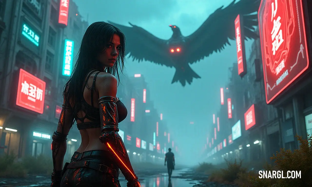 A visionary woman in a futuristic city, accompanied by a bird on her shoulder, stands confidently amidst the vibrant glow of lights, symbolizing the harmony between urban life and the natural world. In a dynamic futuristic cityscape, a woman stands proudly with a bird perched on her shoulder, the vibrant lights reflecting off her attire, encapsulating a scene of synergy between humanity and nature amidst urban splendor.