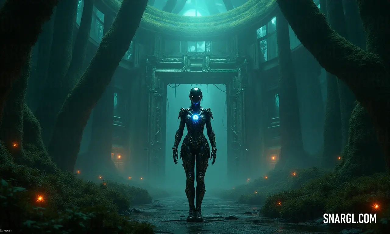 A futuristic woman strides through an illuminated forest, her high-tech suit harmonizing with the glowing elements around her, leading to a doorway that promises a journey into the unknown. Venturing through an enchanted forest, a woman clad in a sleek futuristic suit walks confidently, surrounded by luminescent flora and a mysterious tunnel, blending technology and nature in an otherworldly journey.