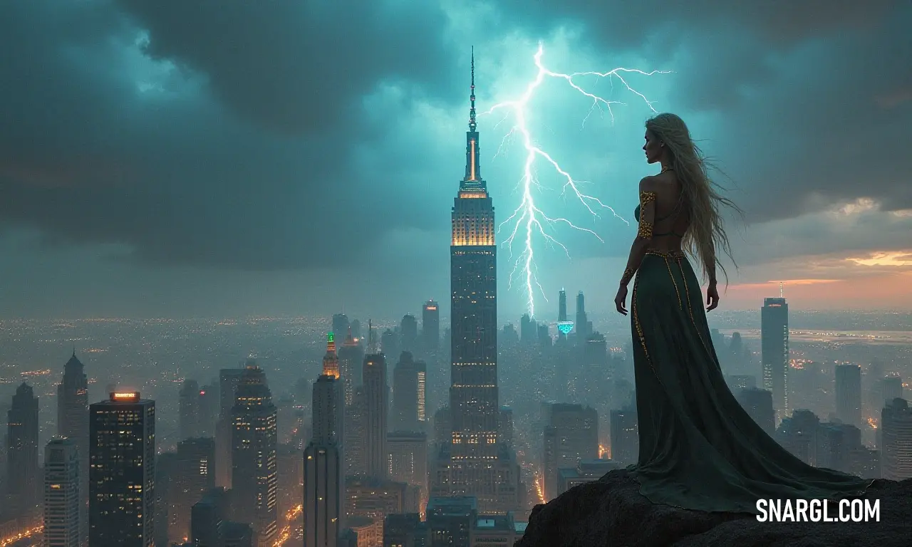 Perched upon a rock, a determined woman overlooks a striking city skyline, the electrifying bolt of lightning illuminating the scene, representing a fusion of strength and introspection amidst urban chaos. A bold woman stands atop a rocky formation, gazing out over a sprawling city skyline, her silhouette framed against a dramatic backdrop where a lightning bolt splits the sky, encapsulating a moment of power and reflection.