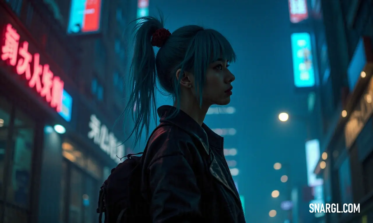 A dynamic woman with a ponytail roams through a vibrant city at night, bright neon lights casting a colorful glow around her, embodying the thrill of urban adventure and resilience. A spirited woman with a ponytail navigates the bustling nightlife of a city, neon signs illuminating her path, highlighting her determination as she embraces the vibrant energy surrounding her.