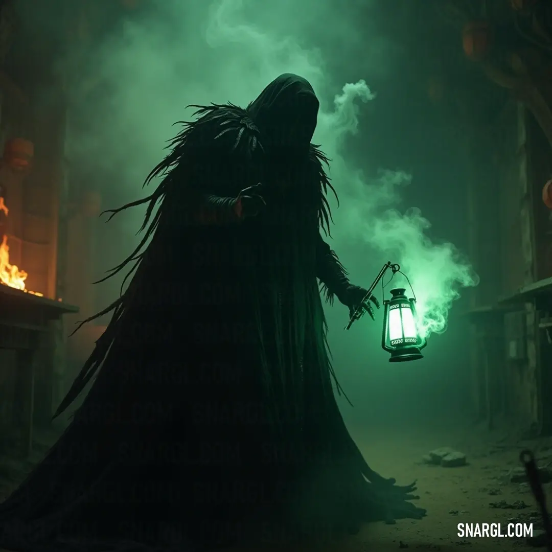 The Bell Witch stands in a shadowy room, holding a lantern whose eerie green light adds to the smoky, haunting atmosphere around her. The eerie Bell Witch, dressed in a flowing black robe, holds a flickering lantern that casts an ominous green glow through the thick smoke in a darkened room, shrouded in mystery.