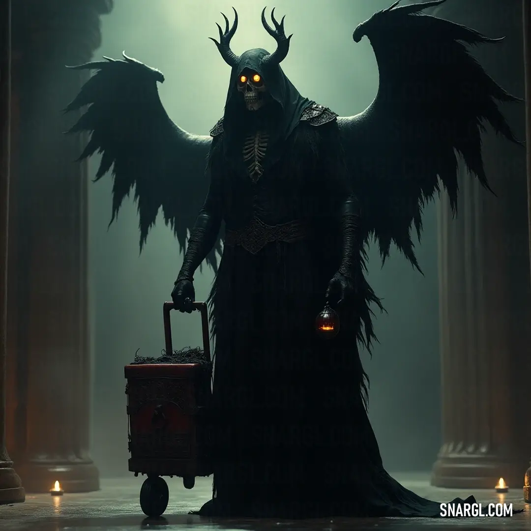 The enigmatic Black Angel in a dark ensemble, showcasing striking wings and a suitcase that glimmers with an otherworldly light, suggesting untold stories. A mysterious figure known as the Black Angel, clad in an elaborate dark costume, stands imposing with majestic wings extended, holding a suitcase that emanates a soft glow from its lid, hinting at hidden secrets within.