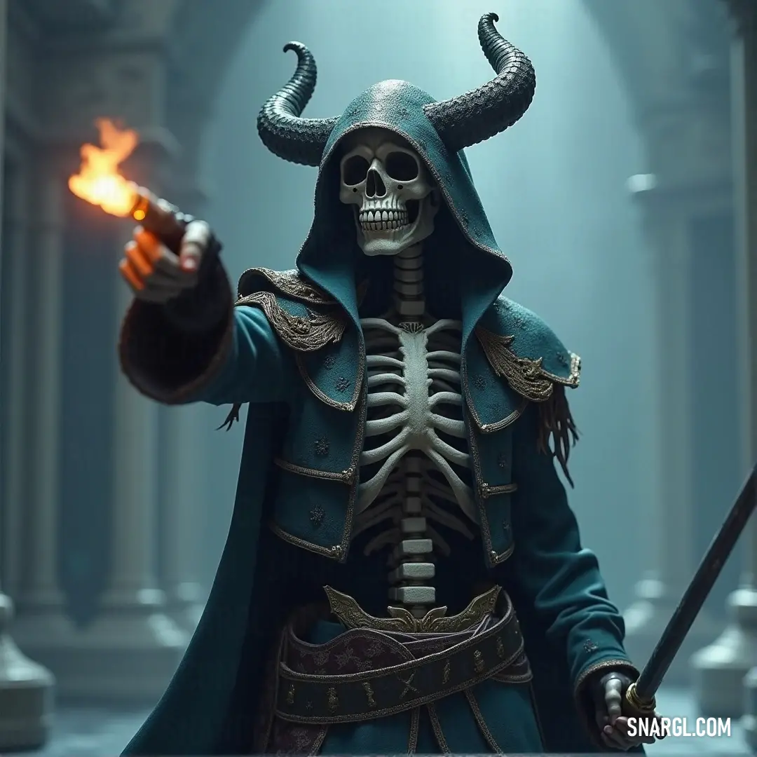 The Bone Apparition, draped in blue, stands with a fire lighter in hand, surrounded by an air of quiet mystery. His gaze is intense, and his presence suggests a force beyond the ordinary.