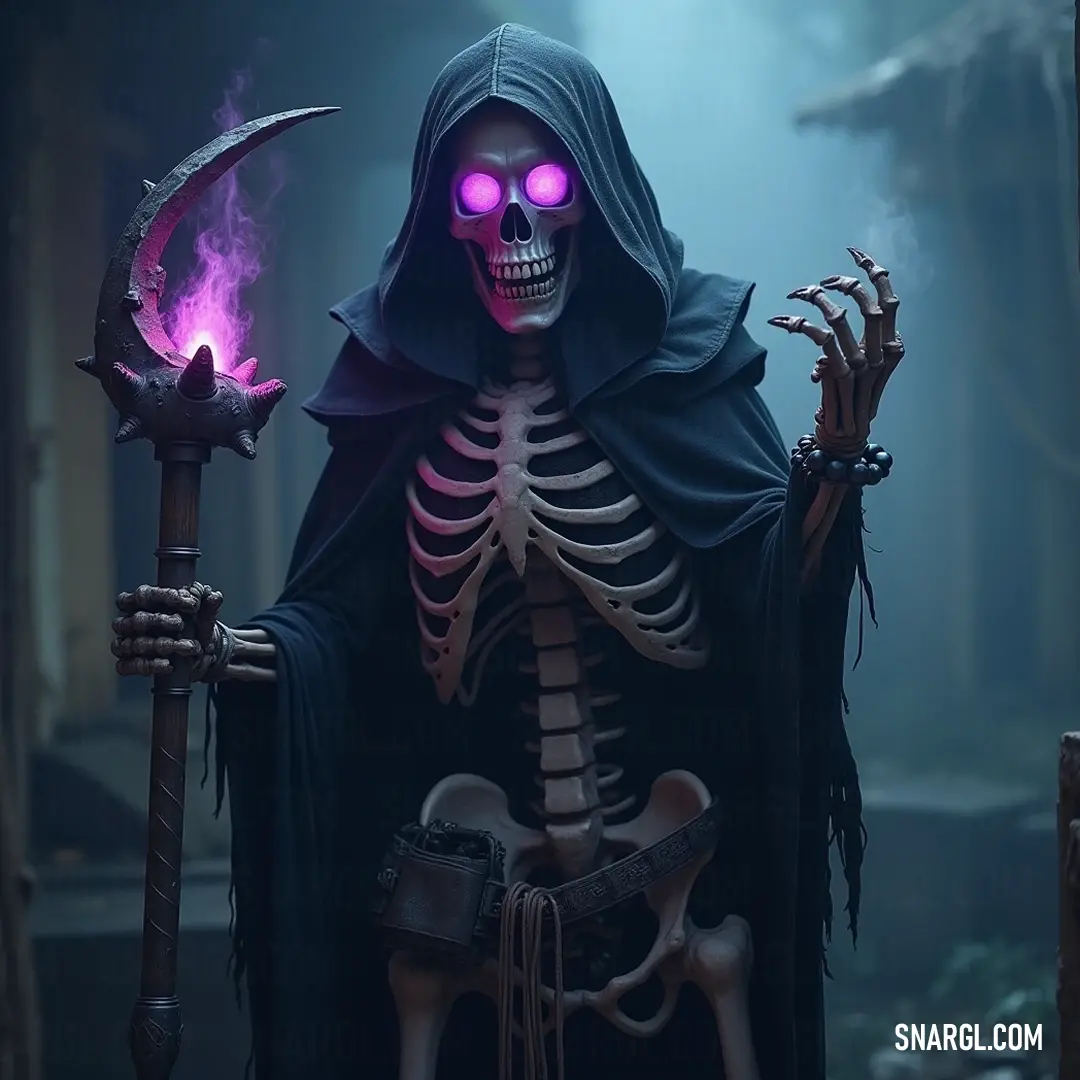 Bone Banshee with a radiant purple eye and a skull in a shadowy forest, casting an enigmatic glow in the stillness of night. In the depths of a dark forest, the Bone Banshee's glowing purple eye pierces through the shadows, while it clutches a skull close, creating an aura of mystery; the surrounding dimness enhances the magical eeriness that envelops the atmosphere.