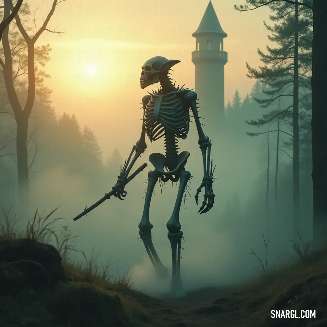 Mysterious Bone Banshee wandering through a fog-draped forest at sunset, surrounded by vanishing light and ancient shadows. The enigmatic Bone Banshee strides confidently through a mystical foggy forest at sunset, where ethereal golden rays filter through the branches, and a distant tower looms, adding an air of mystery to this enchanting and serene setting.