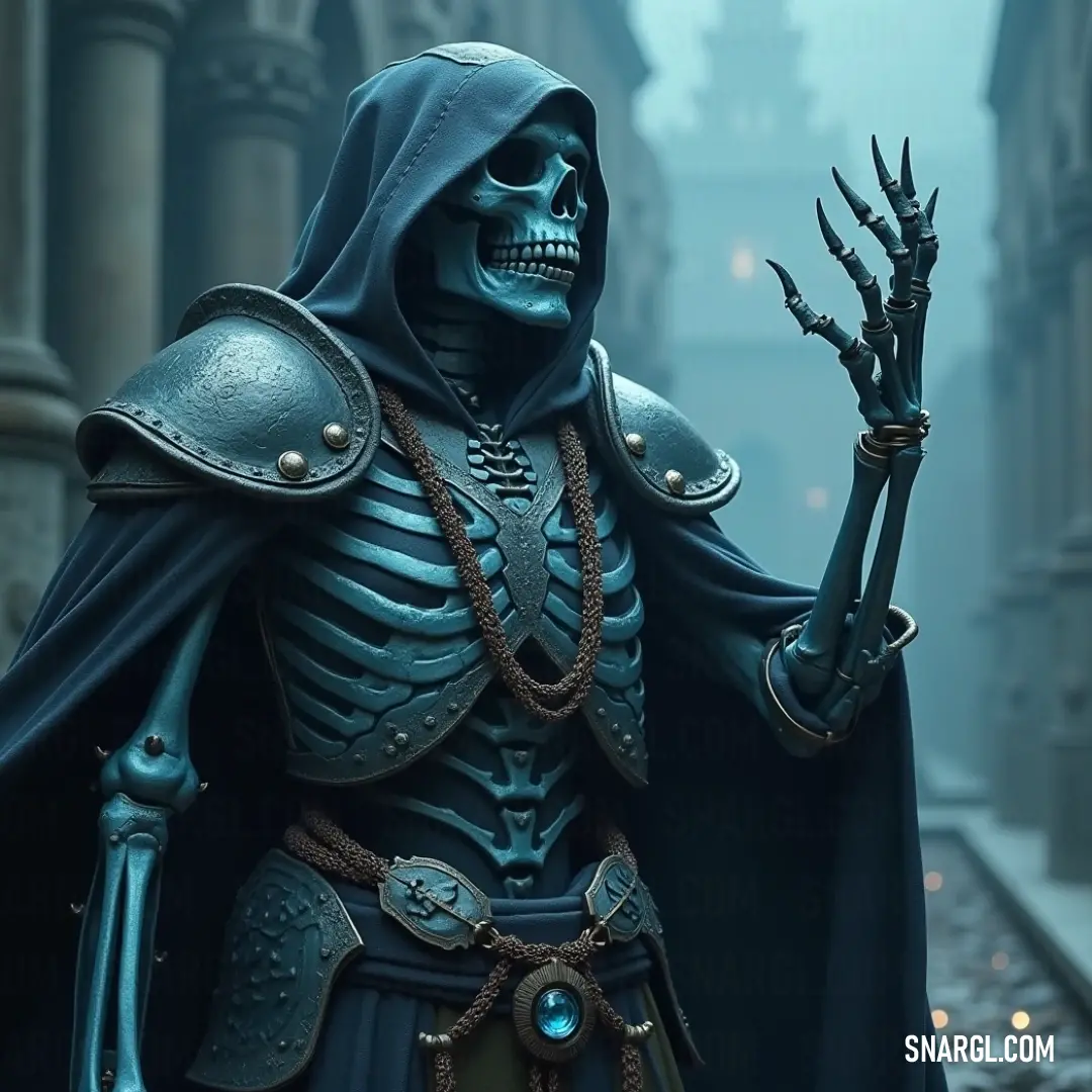 The Bone Baron stands tall, his hand raised in a commanding gesture, exuding power and mystery. The Bone Baron, dressed in dark, intricate armor, raises a hand as if beckoning or casting a spell. His eerie presence, with the hand held towards the viewer, evokes both power and mystery.