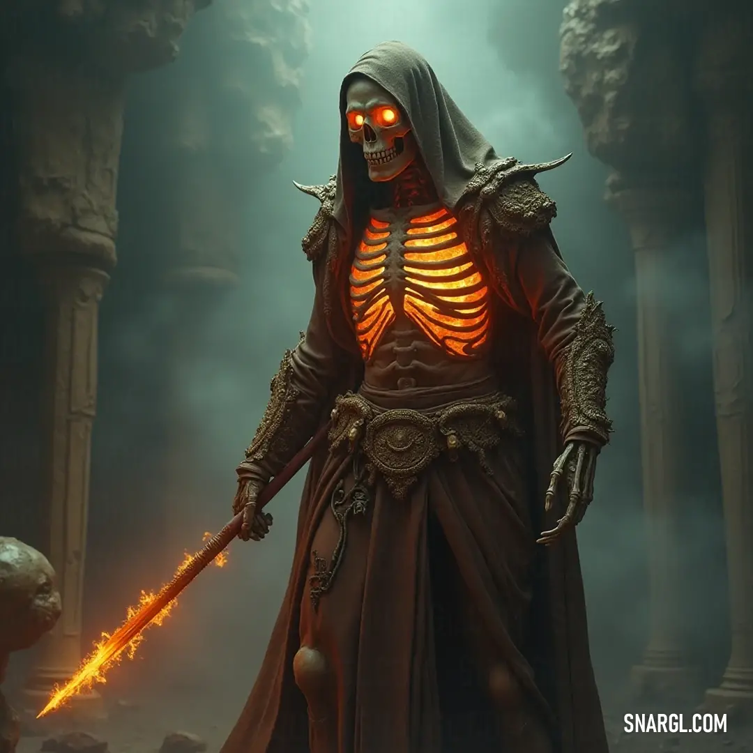 The Bone Baron commands attention within a dim cave, wielding a radiant sword that cuts through the shadows, embodying an enigmatic figure steeped in mystery, grandeur, and the haunting allure of hidden realms. In the depths of a shadowy cave, the Bone Baron, adorned in an elaborate suit, grips a glowing sword as if guarding untold secrets, enveloped by darkness that hints at both menace and majesty, creating a scene rich in narrative.