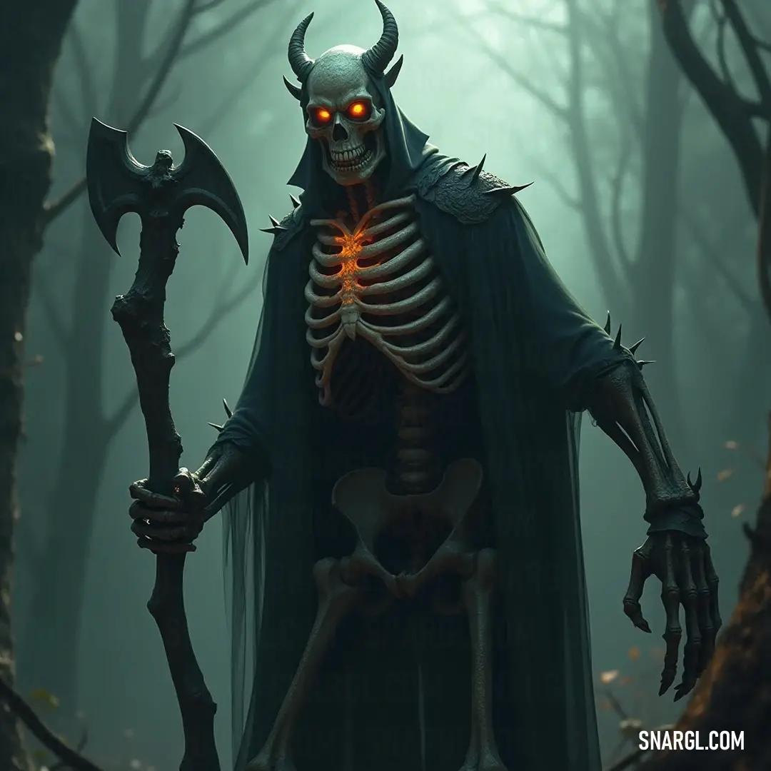 In the depths of the forest, the Bone Shrieker emanates eerie charm, its glowing eye and grim attire reflecting the blend of danger and allure as it holds a skull imbued with arcane secrets. The Bone Shrieker stands in a forest, illuminated by an otherworldly glow in its eye, showcasing a grim outfit, while clutching a skull that whispers spells from the darkest corners of the woods.
