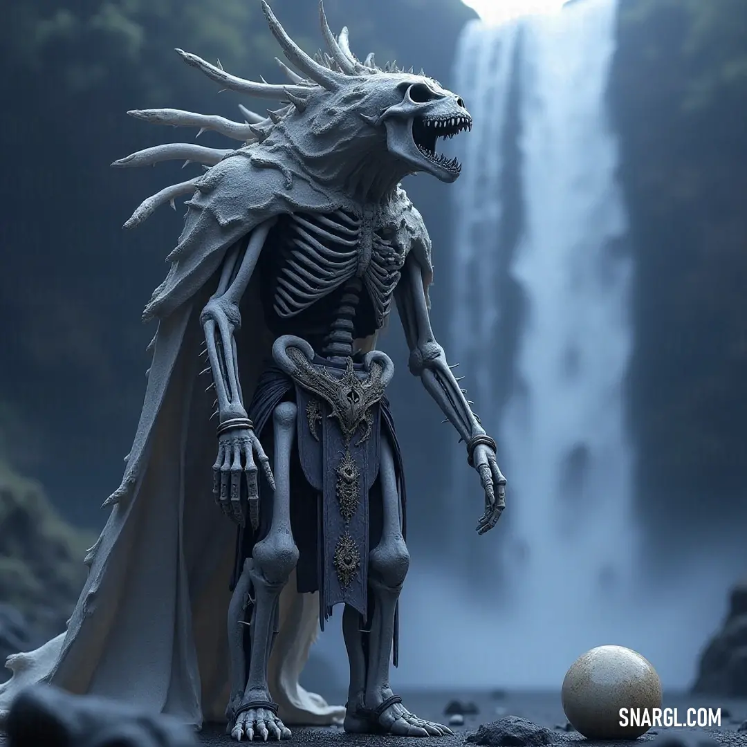 Witness the Bone Shrieker poised before a breathtaking waterfall, where the spirit's presence merges with nature's beauty, holding an enigmatic ball that hints at secrets untold. Standing before a cascading waterfall, the Bone Shrieker holds a mysterious ball, its figure silhouetted against the watery backdrop, blending nature and enigma in this captivating scene.