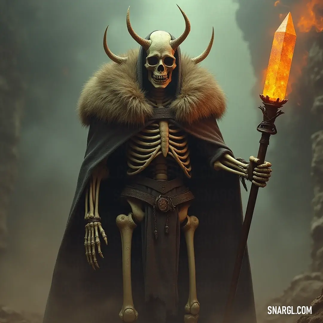 The eerie Skeleton with a horned head wields a flickering candle, casting enigmatic shadows in a dark cave that whispers secrets of the abyss. A haunting Skeleton with a horned visage, clutching a lit candle, illuminates a pitch-black cave, embodying a fusion of fear and intrigue within the darkness.